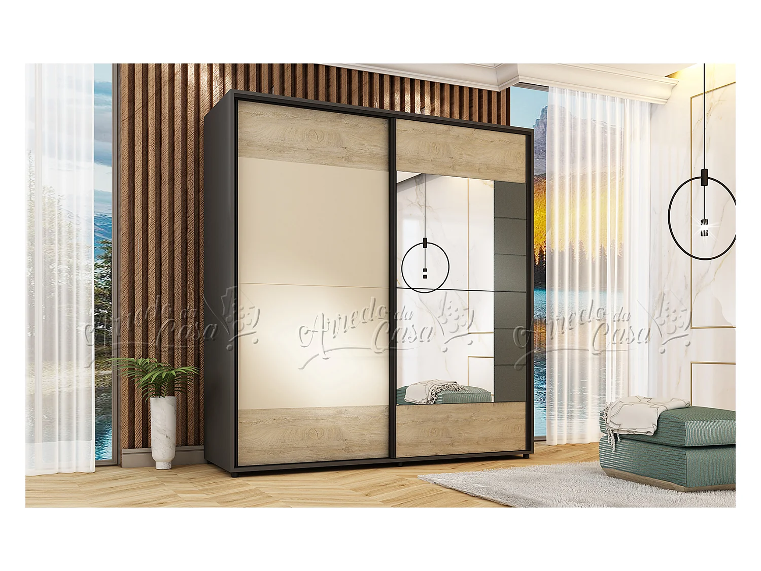 Armadio a 2 ante scorrevoli moderno 200x210 cm rovere chiaro e antracite AU46