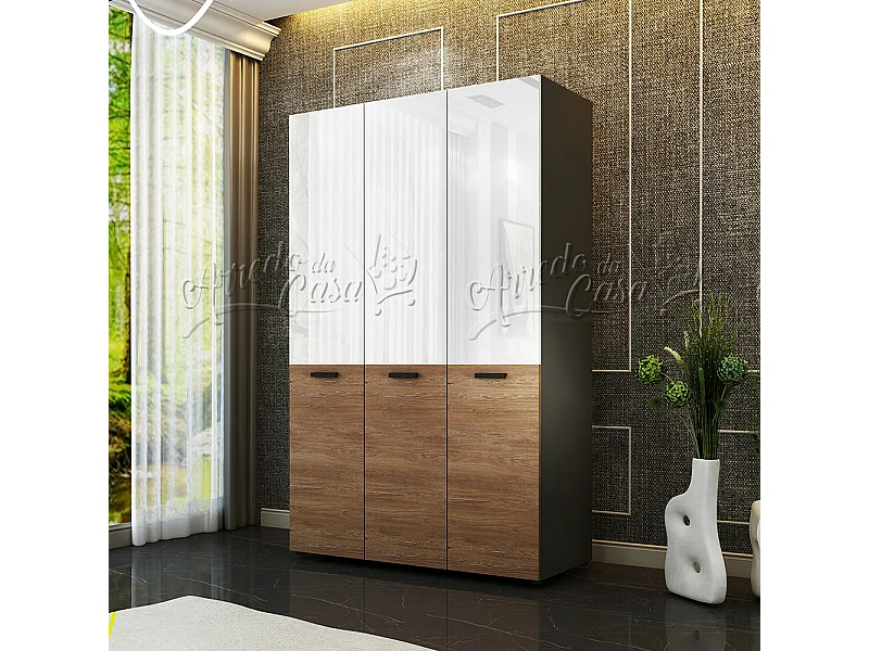 Armadio a tre ante battenti bianco lucido, grigio e noce AU44