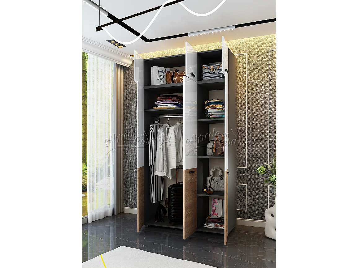 Armadio a tre ante battenti bianco lucido, grigio e noce AU44