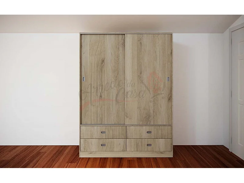 Armadio ad anta scorrevole con quattro cassetti effetto legno 150x200 rovere naturale AI2