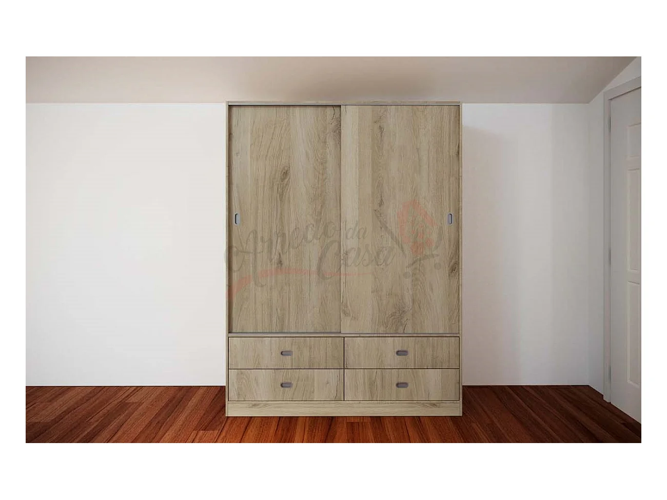 Armadio ad anta scorrevole con quattro cassetti effetto legno 150x200 rovere naturale AI2