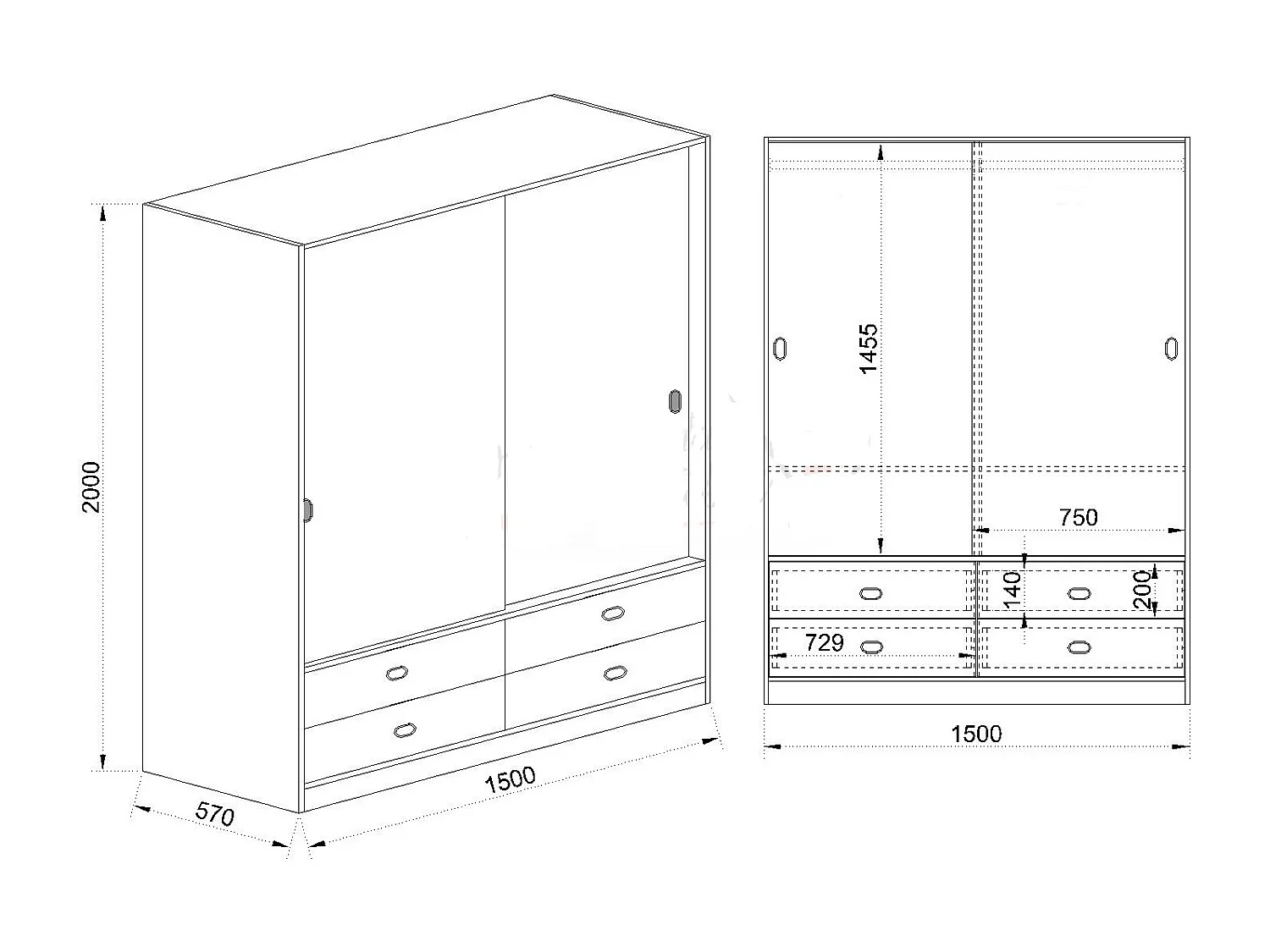 Armadio ad anta scorrevole con quattro cassetti effetto legno 150x200 rovere naturale AI2