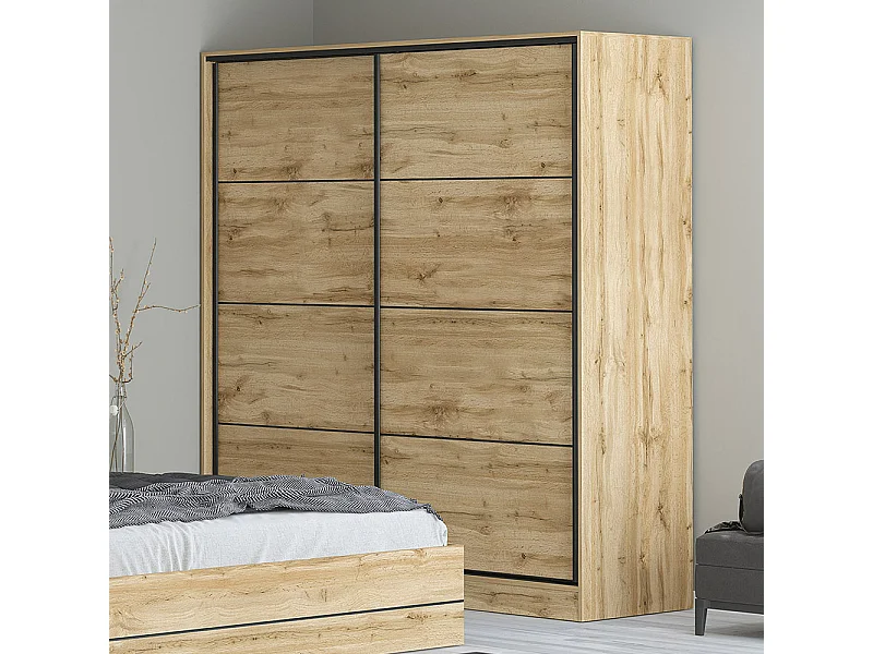 Armadio 2 ante scorrevoli 180x200x59 cm rovere e dettagli neri AG40