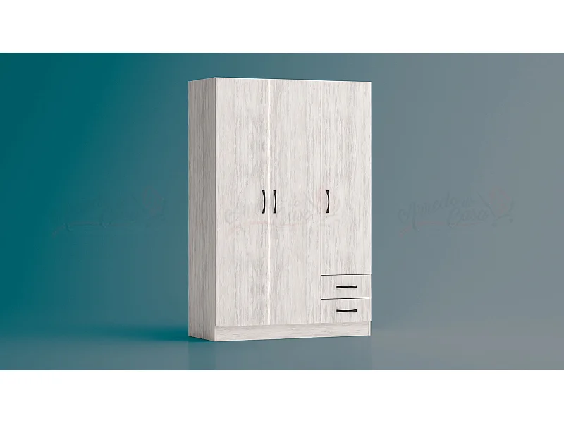 Armadio a tre ante battenti stile classico con due cassetti effetto legno 120x181 bianco legno AG2