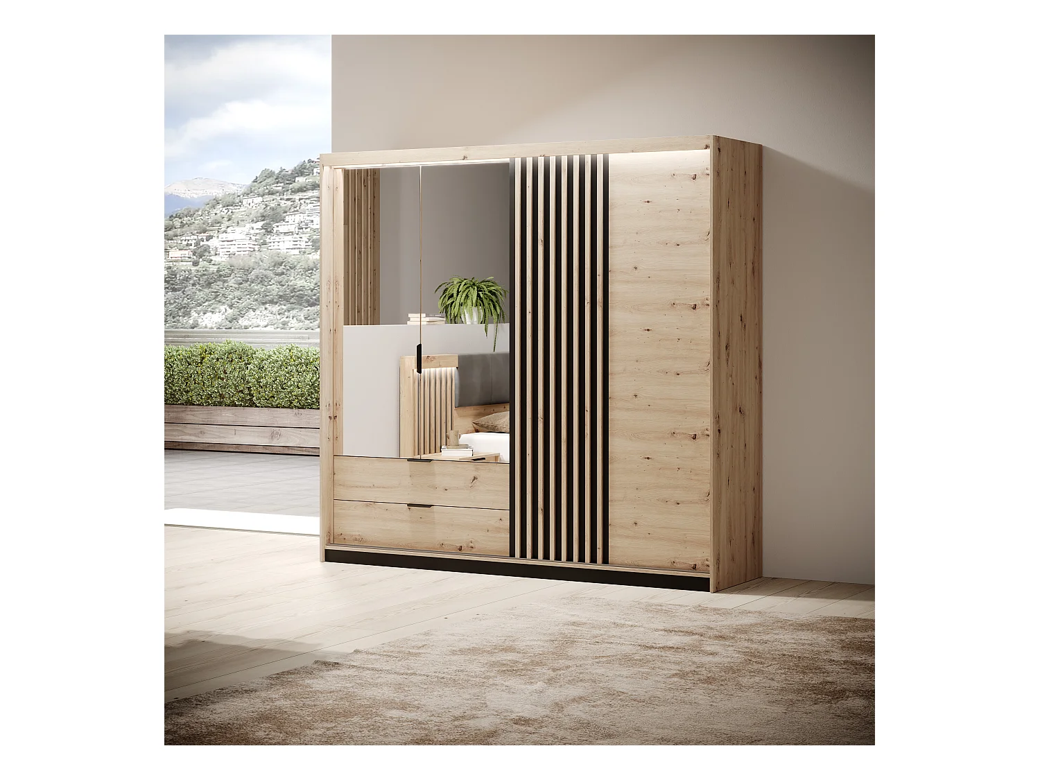 Armadio 220x210cm con 2 ante battenti con specchio 1 anta scorrevole e 2 cassetti rovere chiaro ALK10