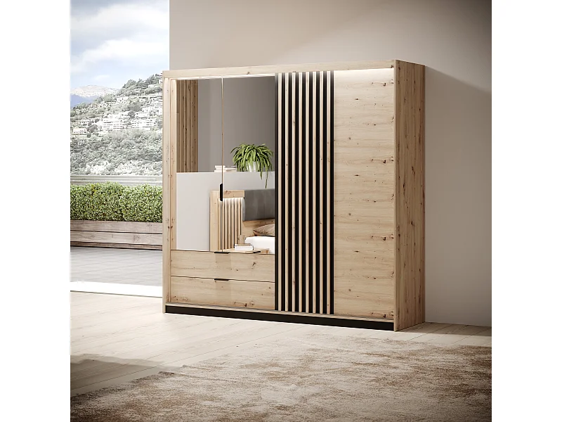 Armadio 220x210cm con 2 ante battenti con specchio 1 anta scorrevole e 2 cassetti rovere chiaro ALK10