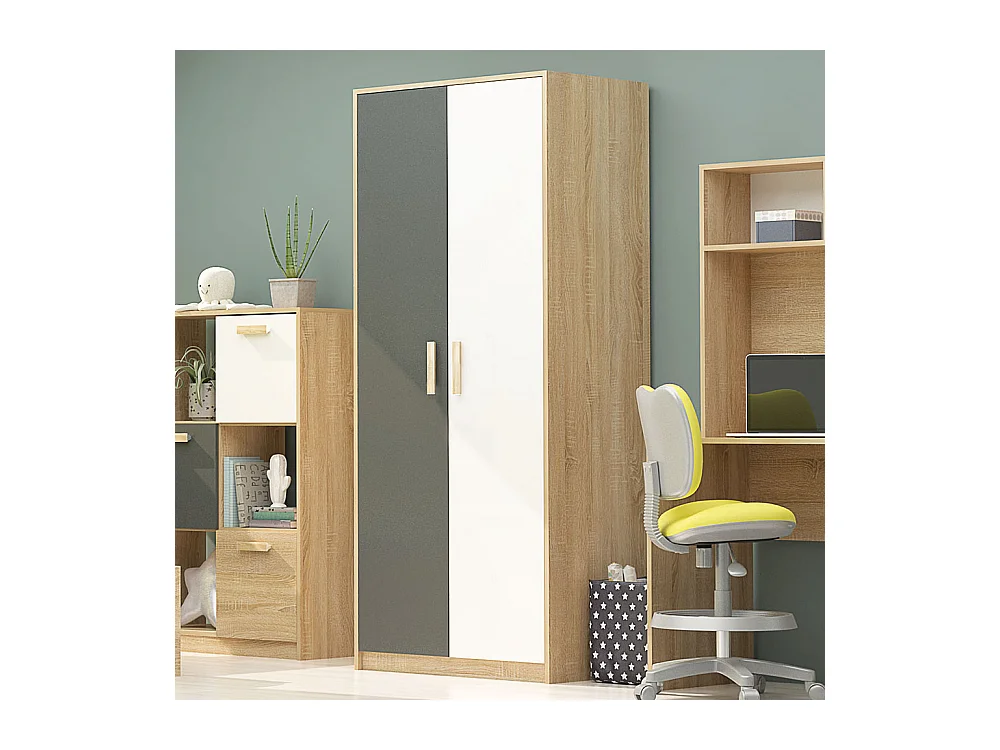 Armadio a 2 ante battenti 80x190x53 cm in rovere chiaro, grigio antracite e bianco lucido AG41