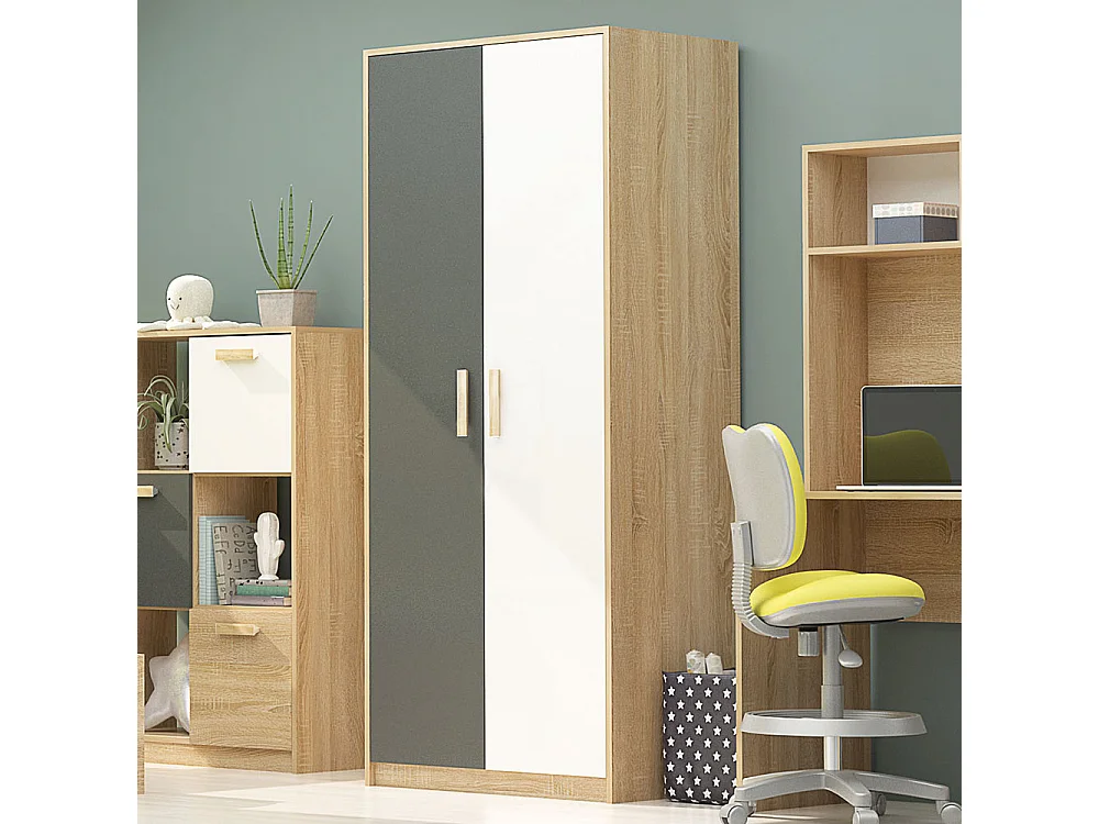 Armadio a 2 ante battenti 80x190x53 cm in rovere chiaro, grigio antracite e bianco lucido AG41