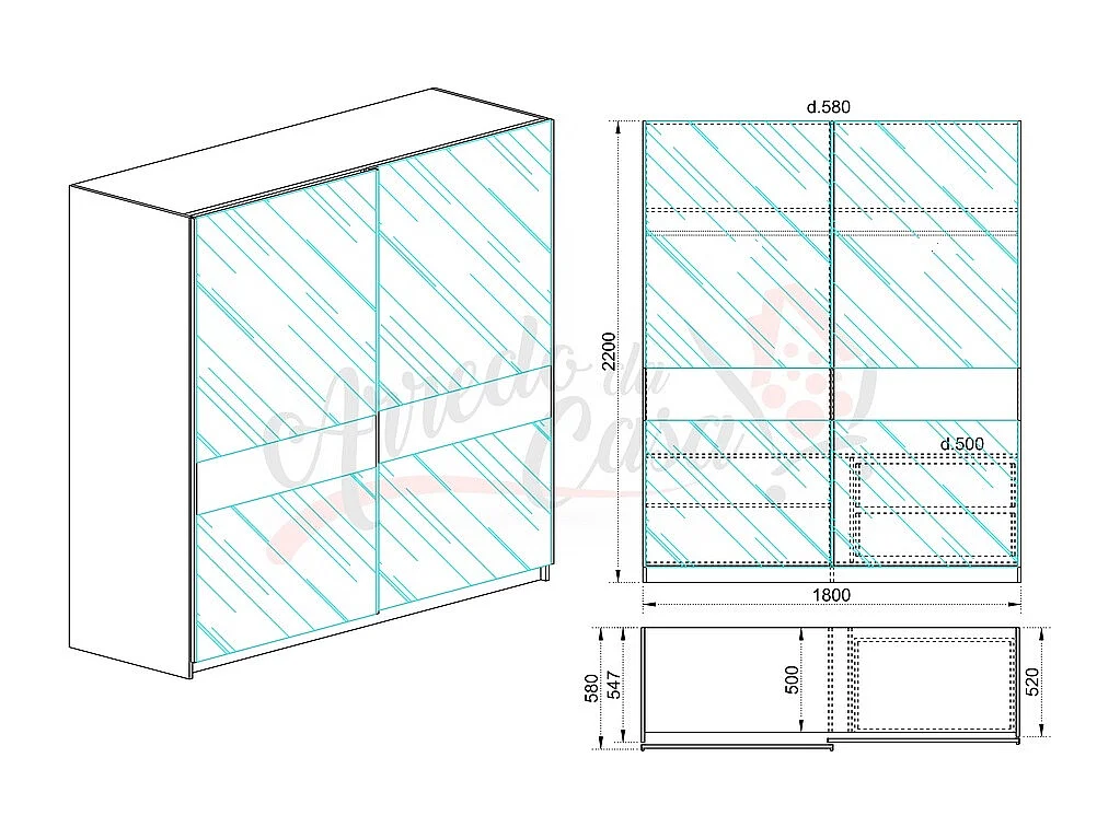 Armadio con due ante scorrevoli specchiate design contemporaneo 180x221 rovere chiaro AI10