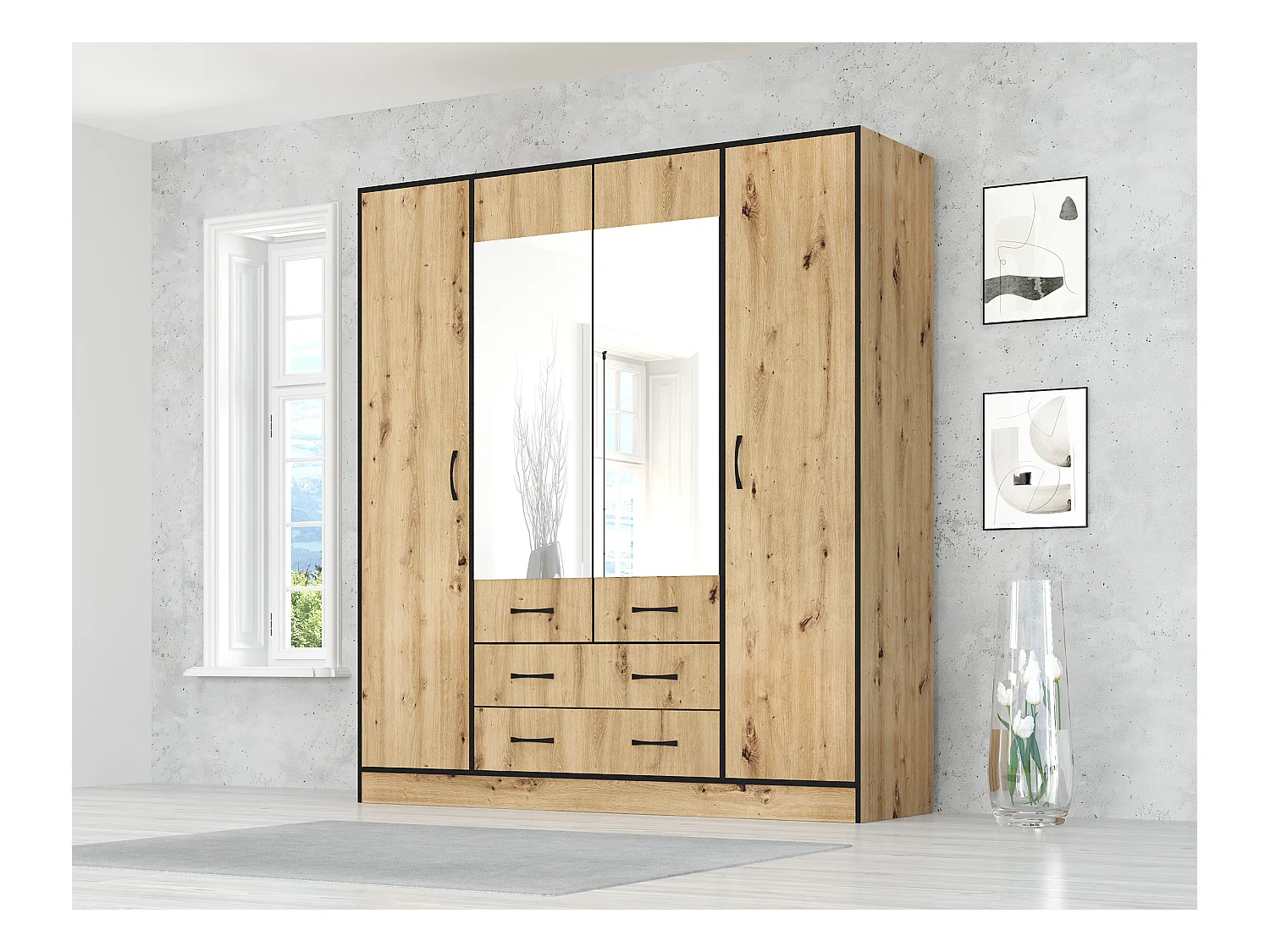Armadio moderno con specchio e 2 cassetti 180x200 cm rovere chiaro e nero AG53