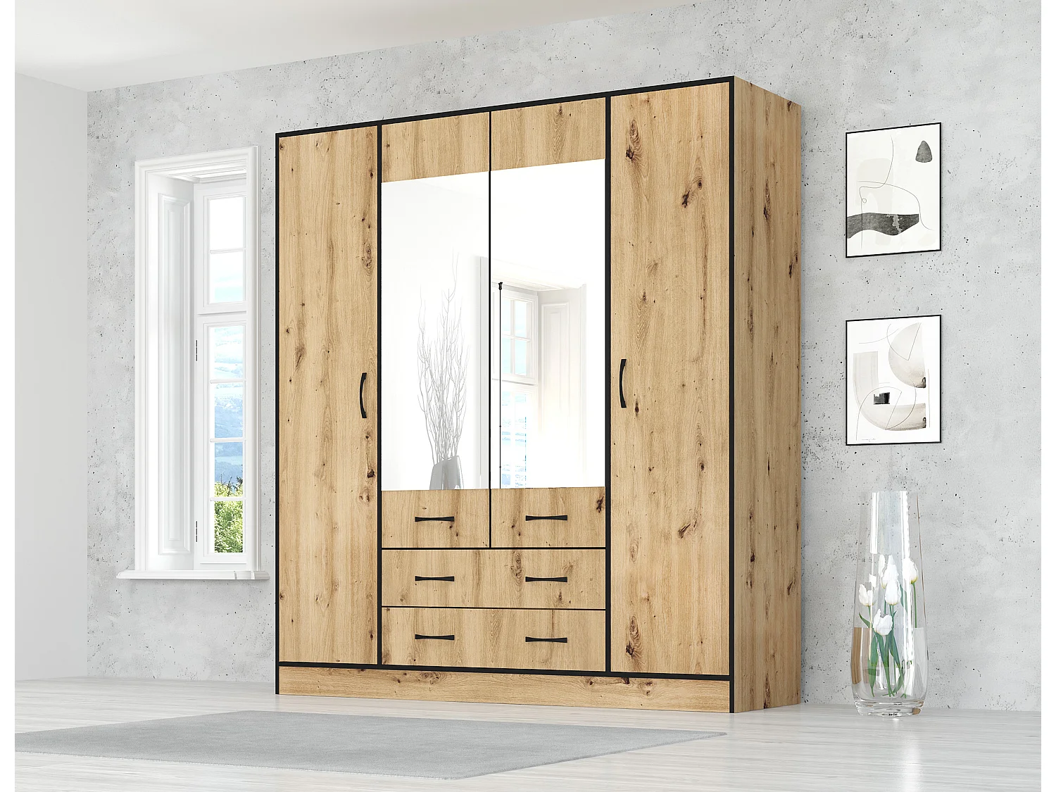 Armadio moderno con specchio e 2 cassetti 180x200 cm rovere chiaro e nero AG53