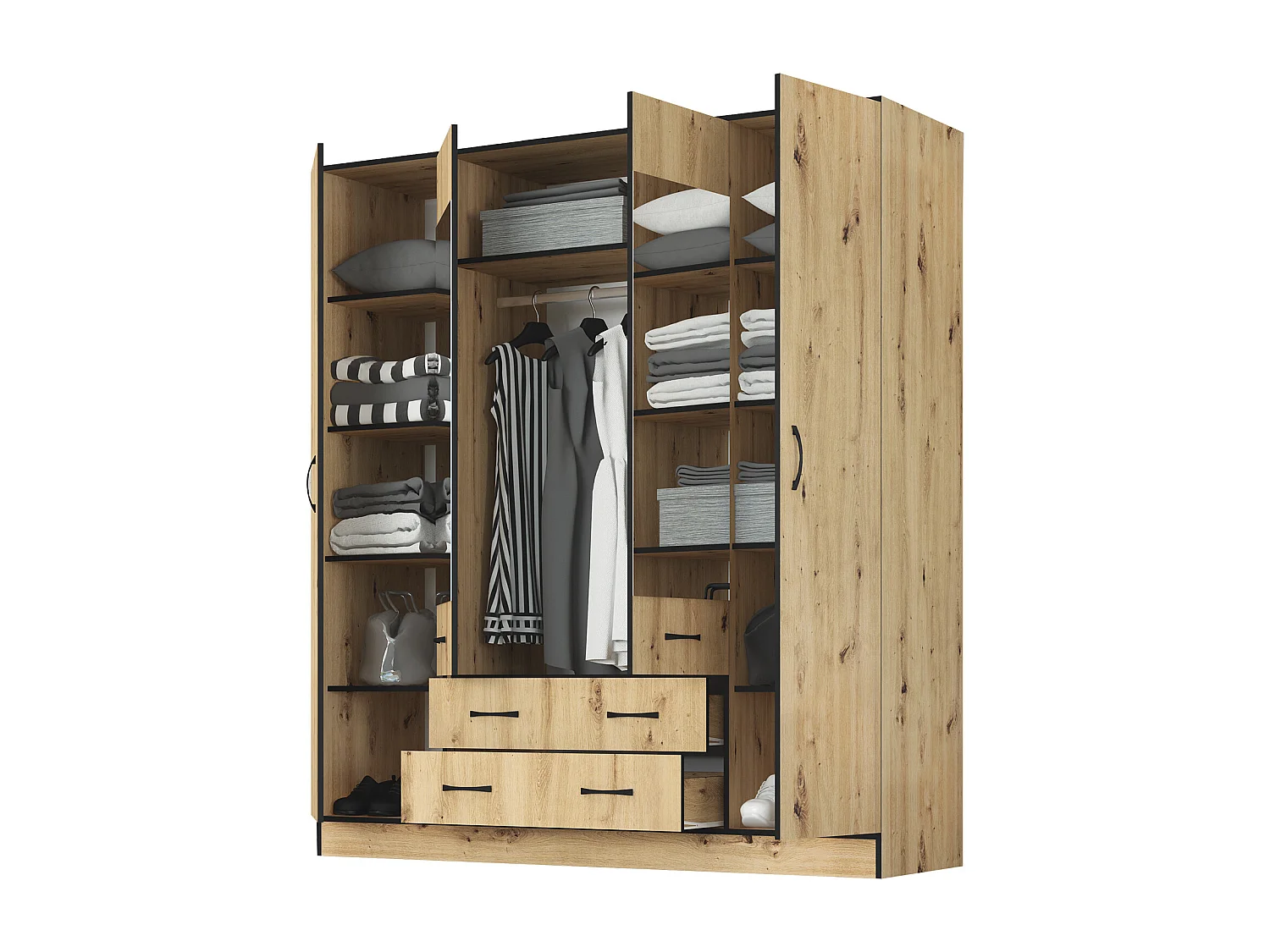 Armadio moderno con specchio e 2 cassetti 180x200 cm rovere chiaro e nero AG53