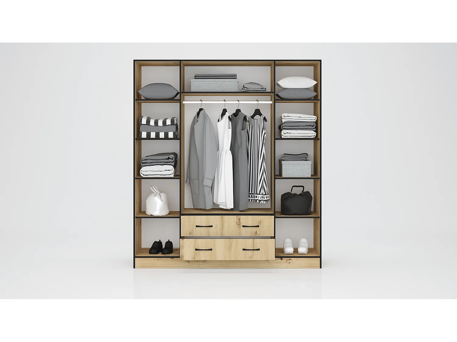 Armadio moderno con specchio e 2 cassetti 180x200 cm rovere chiaro e nero AG53