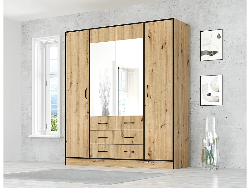 Armadio moderno con specchio e 2 cassetti 180x200 cm rovere chiaro e nero AG53