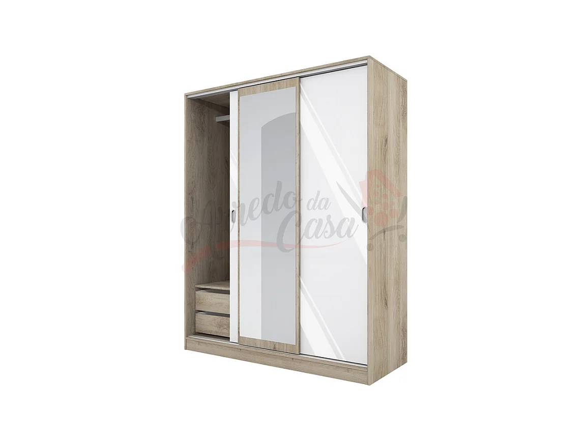 Armadio con tre ante scorrevoli e specchio design moderno effetto legno 150x191 rovere e bianco lucido AI1006