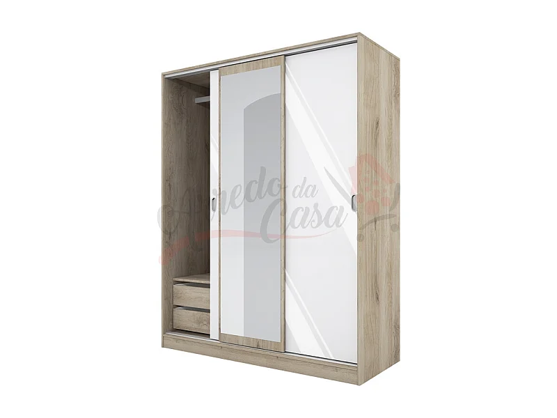 Armadio con tre ante scorrevoli e specchio design moderno effetto legno 150x191 rovere e bianco lucido AI1006