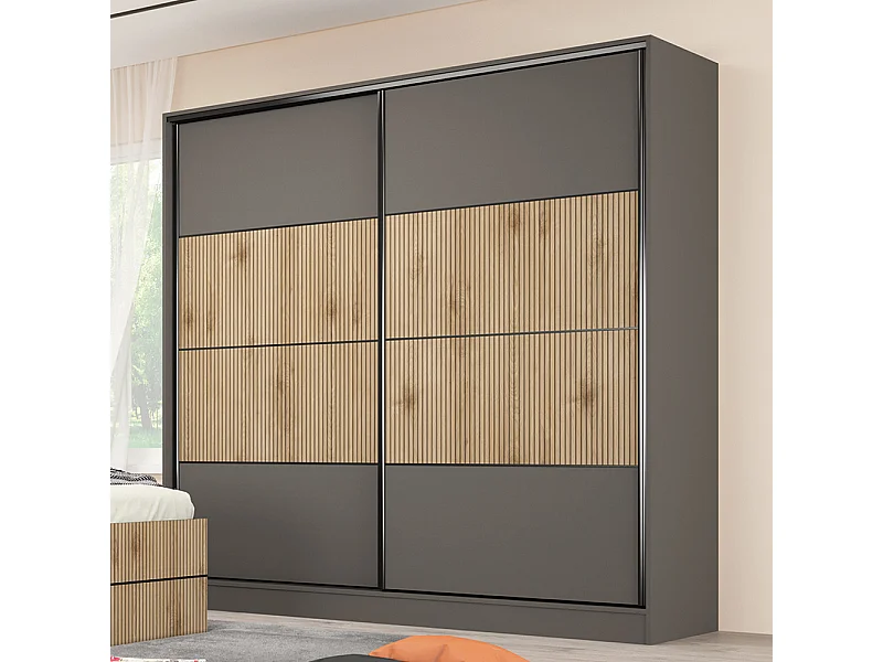 Armadio moderno ad ante scorrevoli 200x200x59 cm in rovere cannettato e grafite AG58