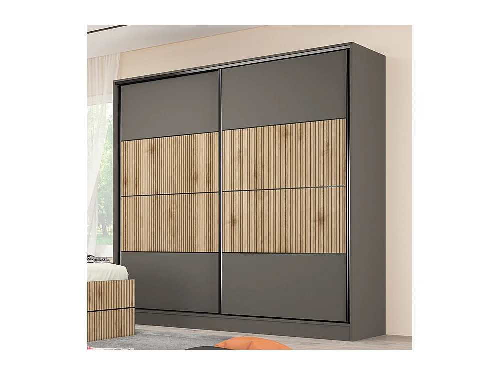 Armadio moderno ad ante scorrevoli 200x200x59 cm in rovere cannettato e grafite AG58