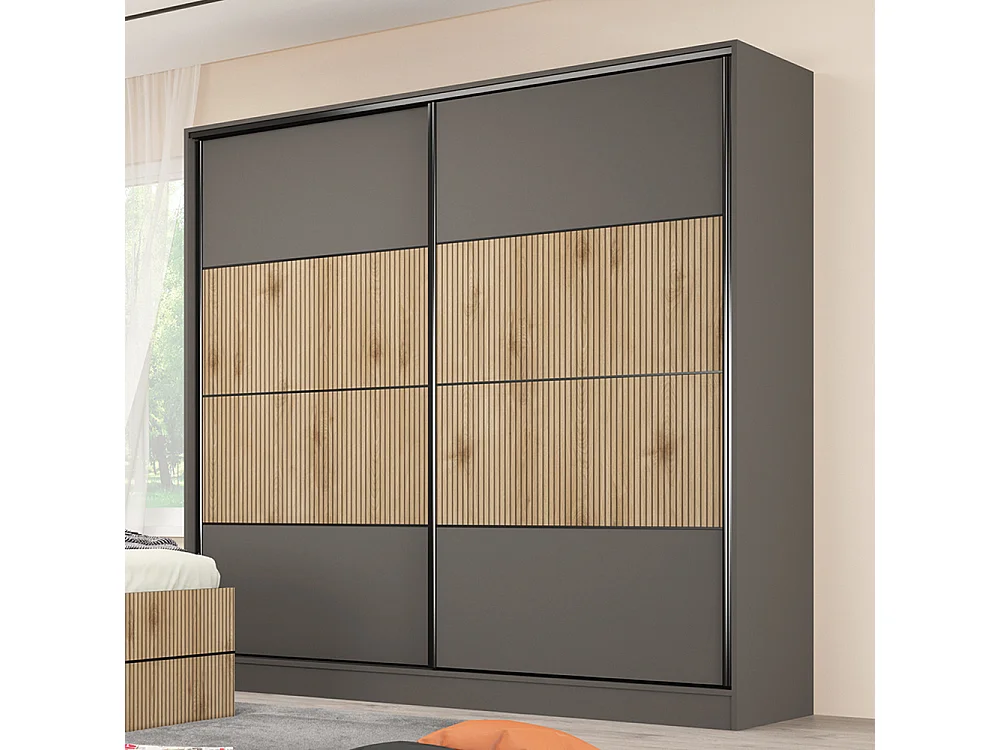 Armadio moderno ad ante scorrevoli 200x200x59 cm in rovere cannettato e grafite AG58