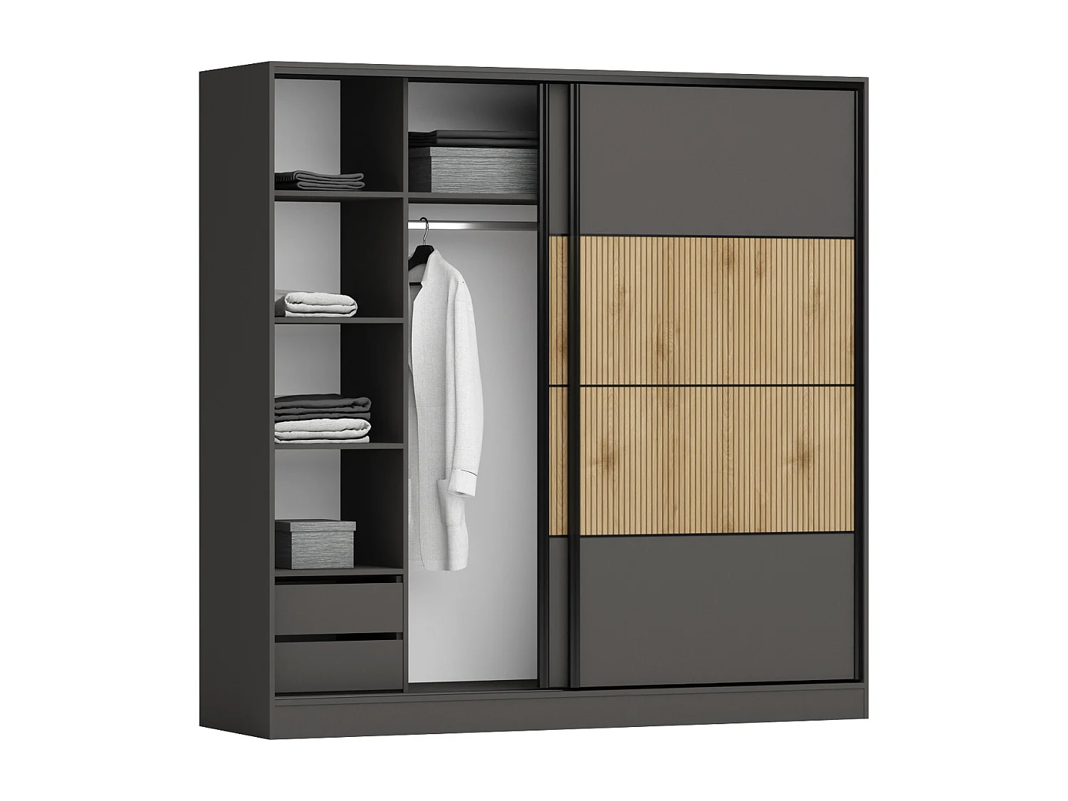 Armadio moderno ad ante scorrevoli 200x200x59 cm in rovere cannettato e grafite AG58