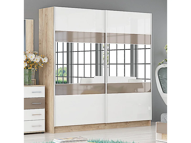 Armadio per camera da letto ad ante scorrevoli rovere, bianco lucido e cappuccino AG33