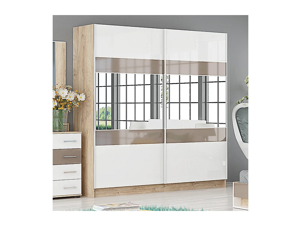 Armadio per camera da letto ad ante scorrevoli rovere, bianco lucido e cappuccino AG33