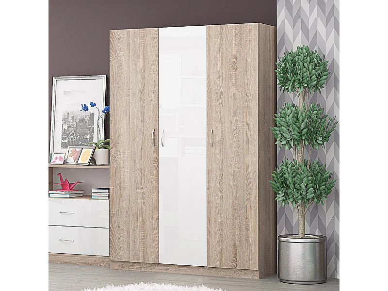 Armadio 3 ante battenti moderno 120x181x52 cm rovere/ bianco lucido AG39