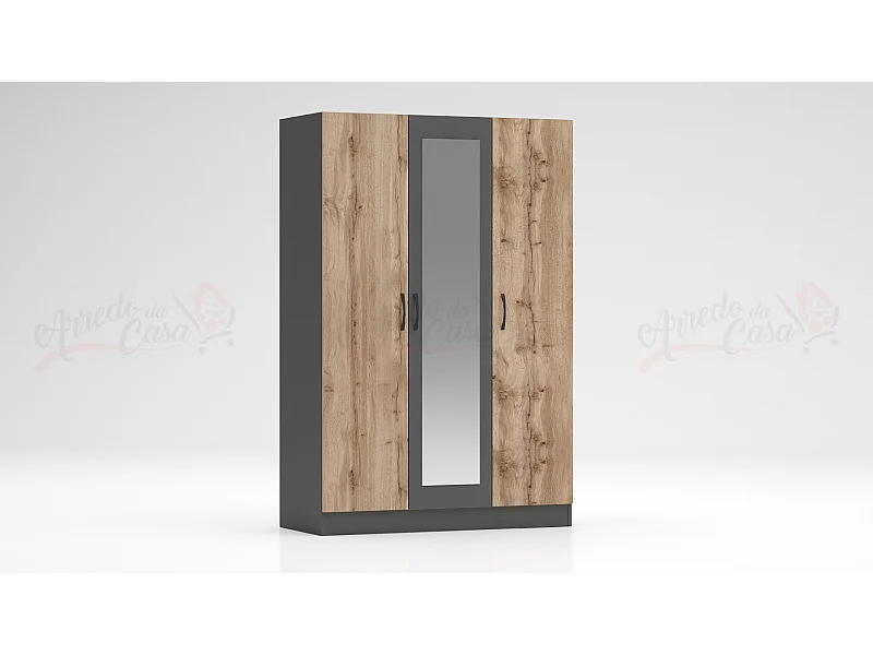 Armadio a tre ante battenti con specchio design moderno 120x181 rovere e antracite AG3