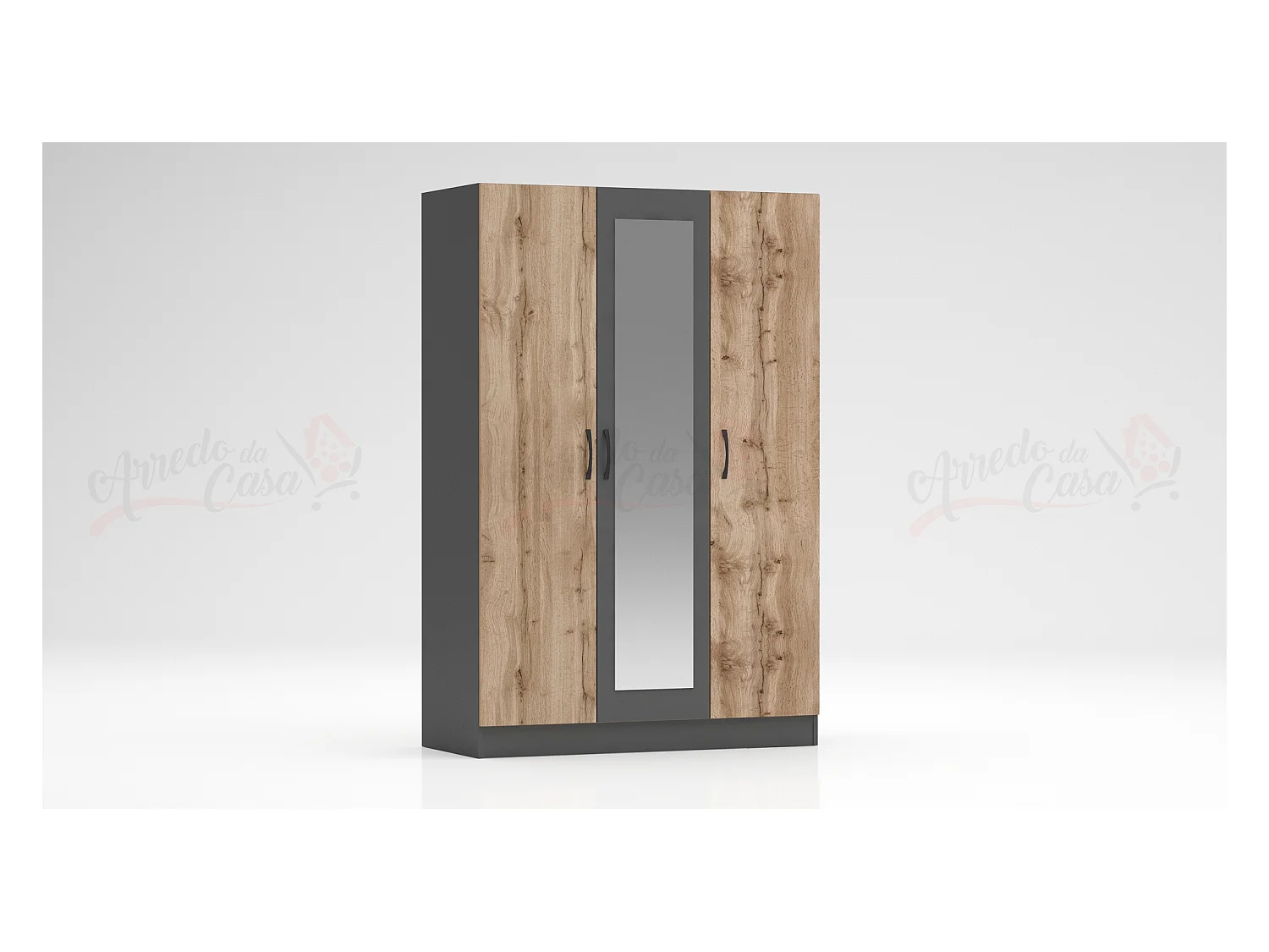 Armadio a tre ante battenti con specchio design moderno 120x181 rovere e antracite AG3