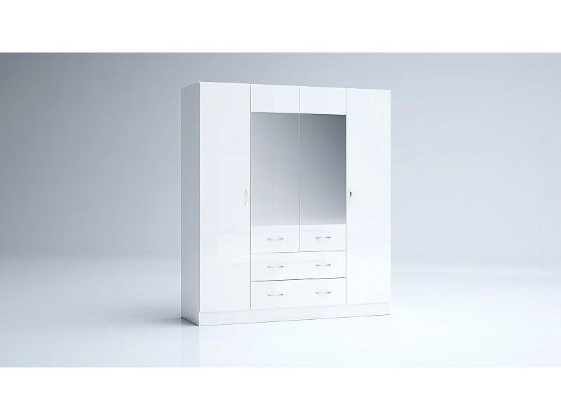 Armadio 4 ante battenti e 2 cassetti 160x181x52 cm bianco lucido AG49