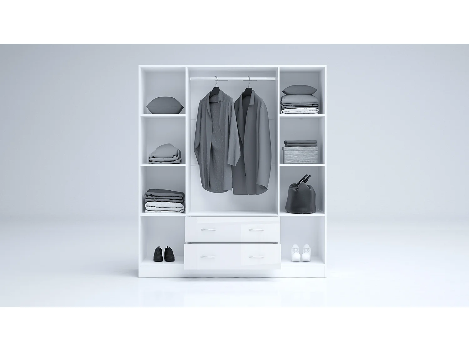 Armadio 4 ante battenti e 2 cassetti 160x181x52 cm bianco lucido AG49