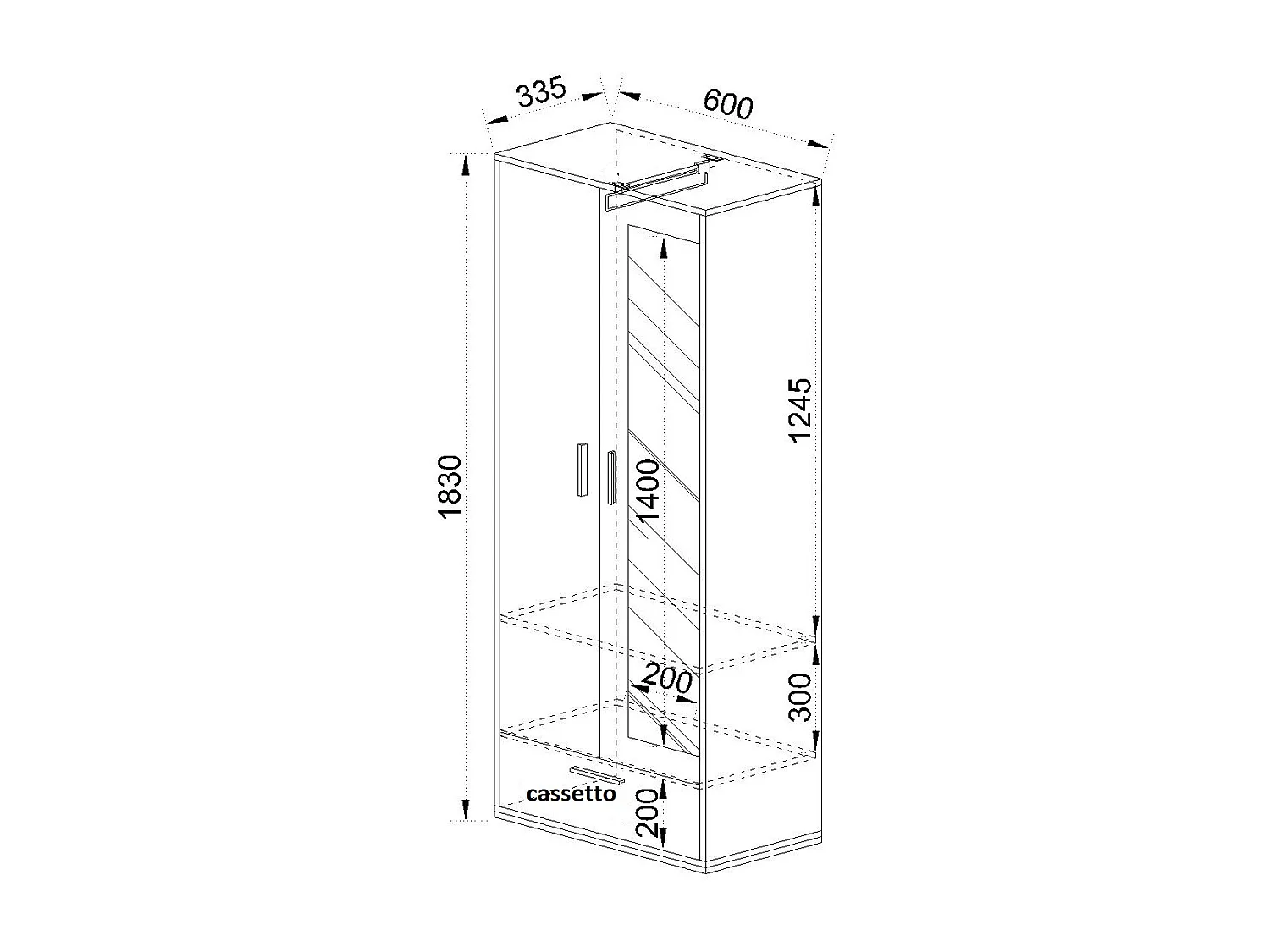 Armadio moderno con due ante battenti e uno specchio laterale 60x183 grigio e rovere AI19