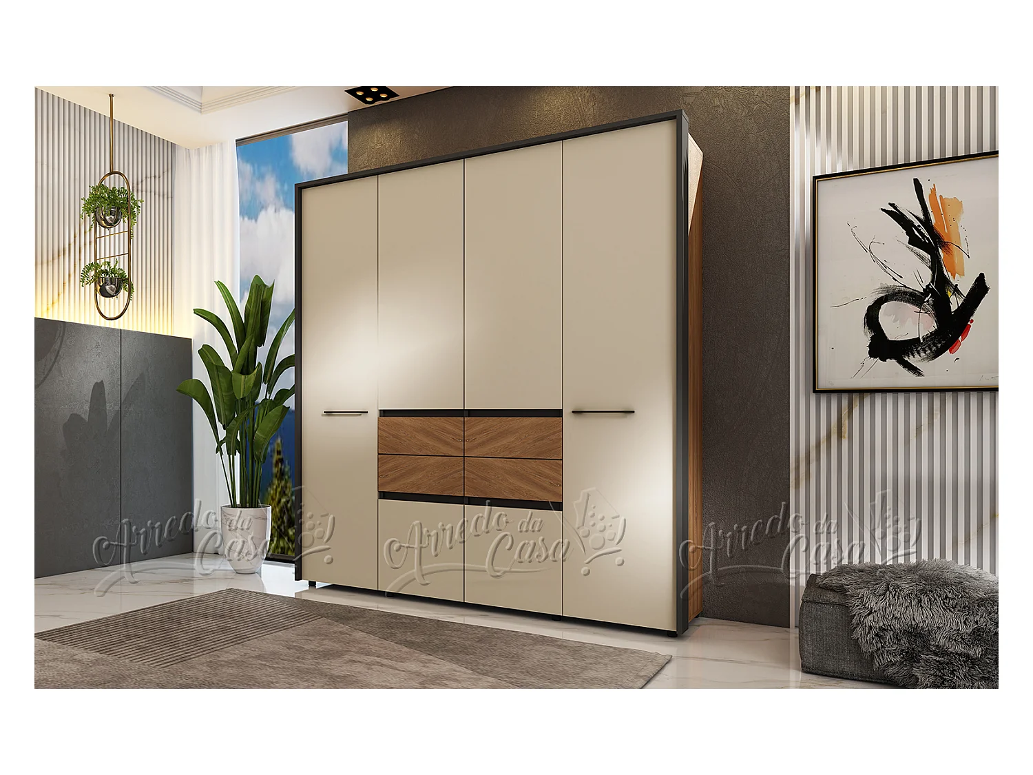 Armadio moderno ad ante battenti e cassetti 180x210 cm beige e noce AU45