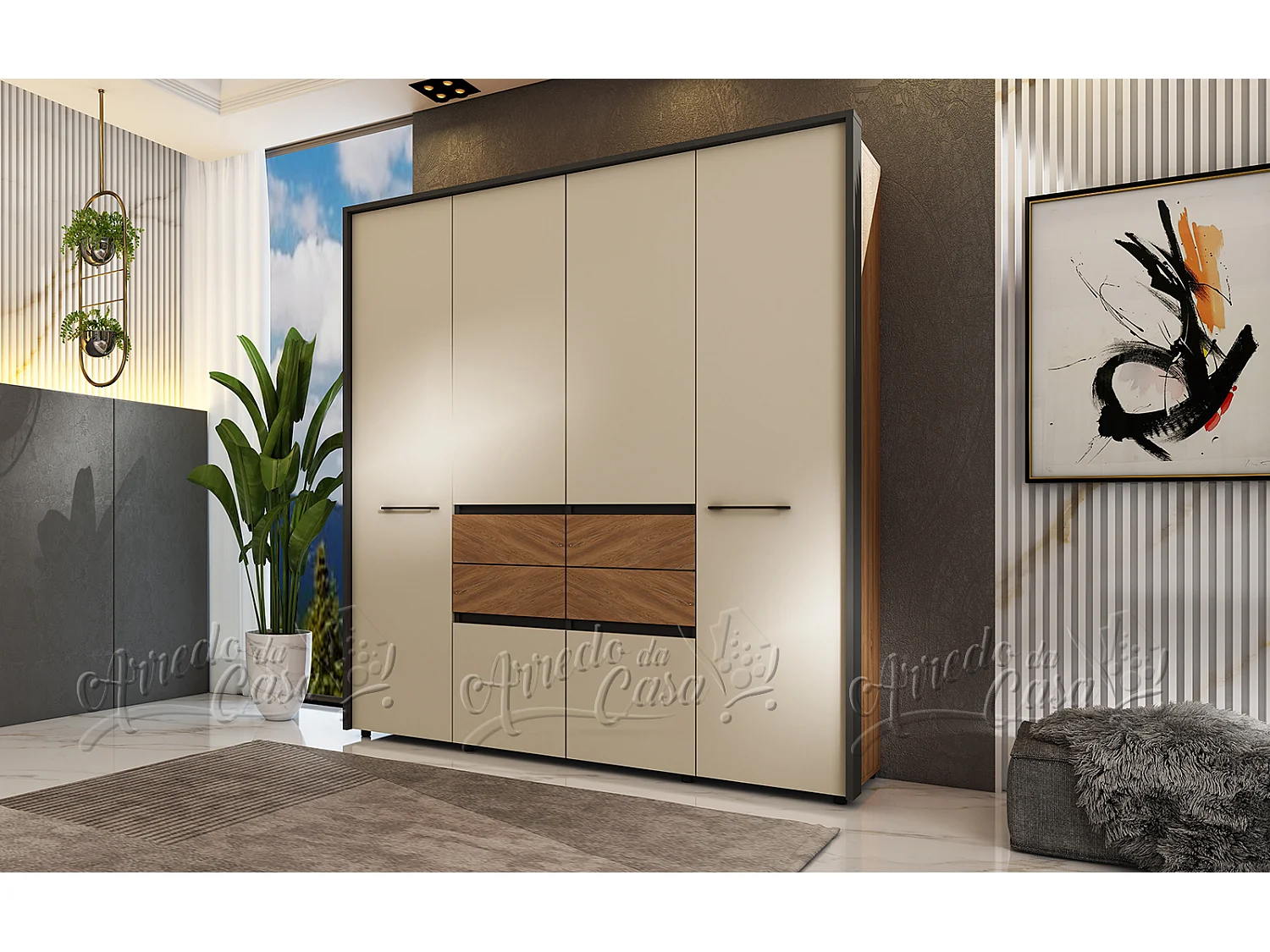 Armadio moderno ad ante battenti e cassetti 180x210 cm beige e noce AU45