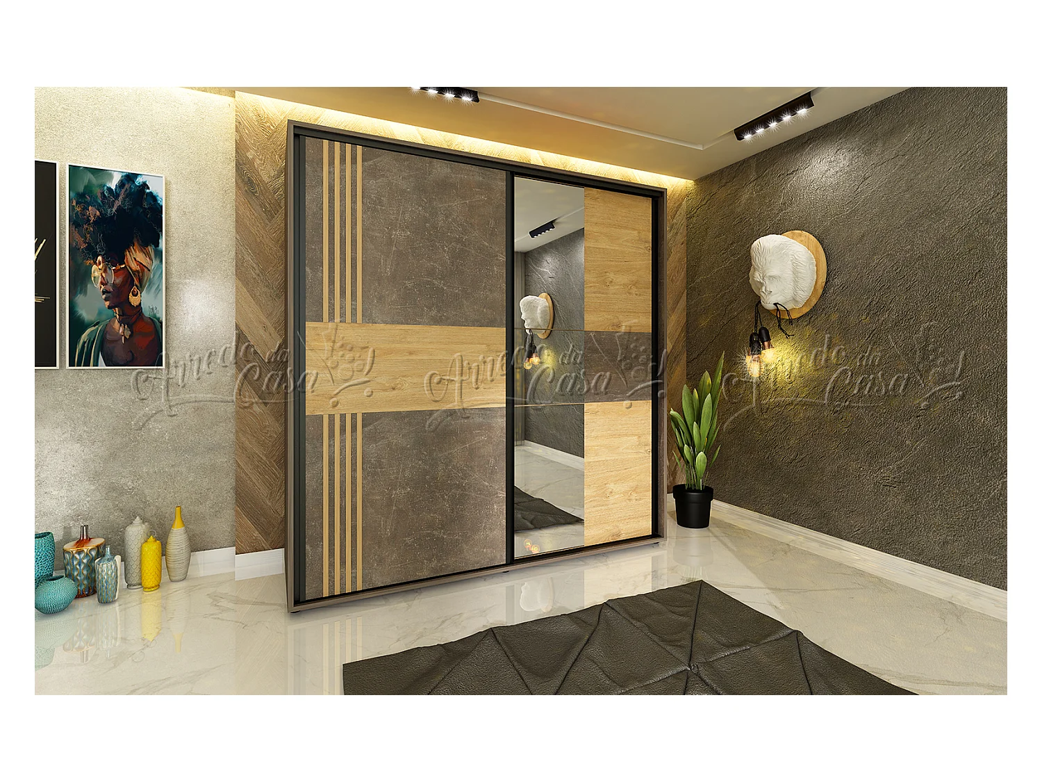 Armadio con anta scorrevole parzialmente specchiata design moderno 180x210 cemento e quercia dorata AU38
