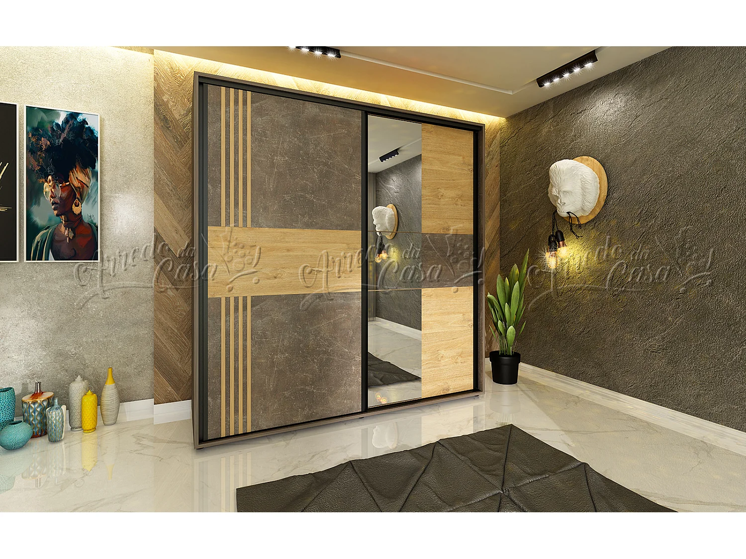 Armadio con anta scorrevole parzialmente specchiata design moderno 180x210 cemento e quercia dorata AU38