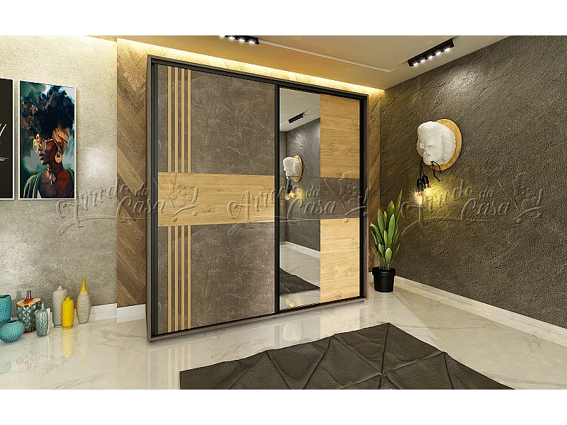 Armadio con anta scorrevole parzialmente specchiata design moderno 180x210 cemento e quercia dorata AU38