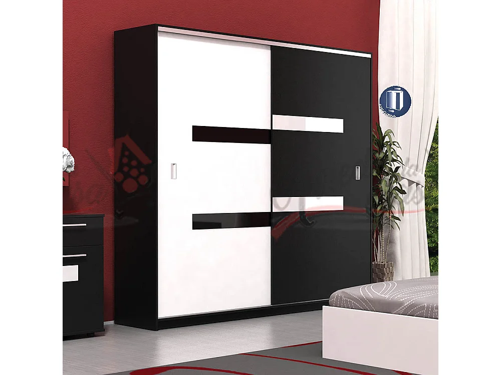 Armadio ad ante scorrevoli ammortizzate con 4 ripiani interni, nero lucido e bianco lucido AG26