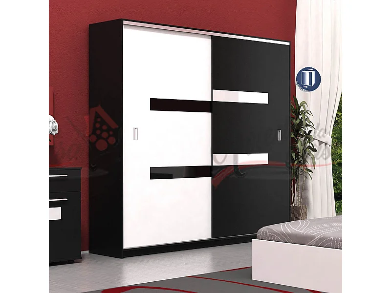 Armadio ad ante scorrevoli ammortizzate con 4 ripiani interni, nero lucido e bianco lucido AG26