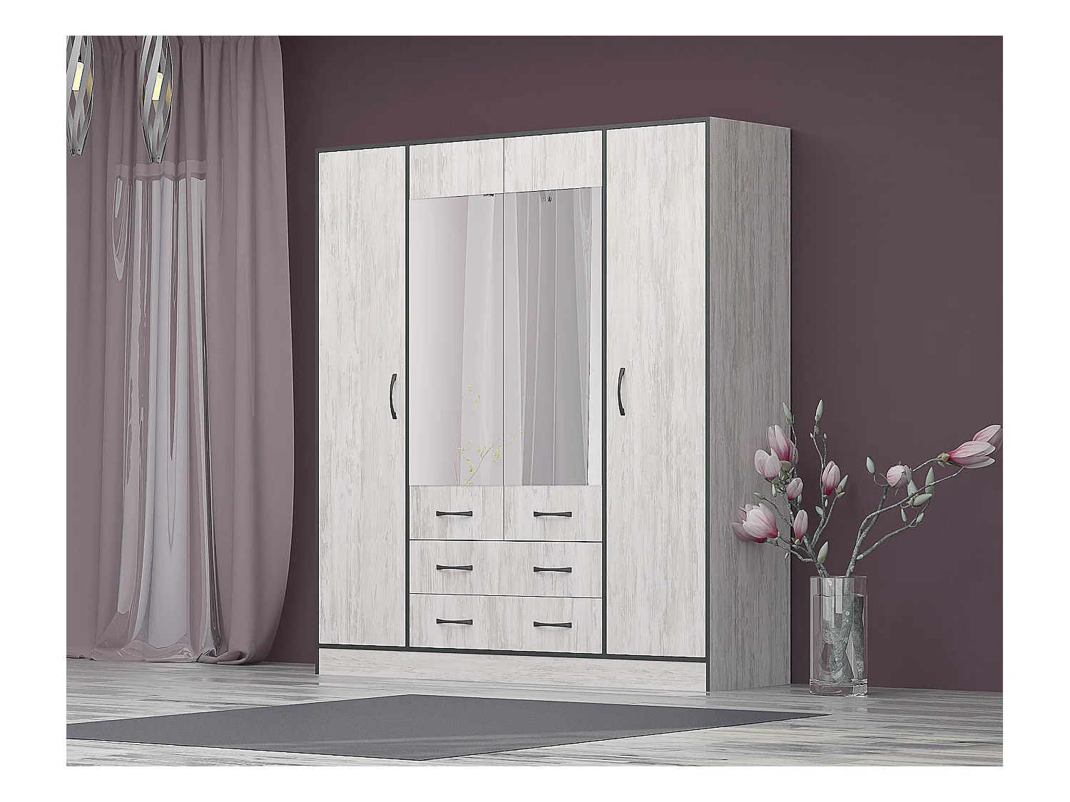 Armadio moderno con specchio e 2 cassetti 180x200 cm bianco effetto legno AG53