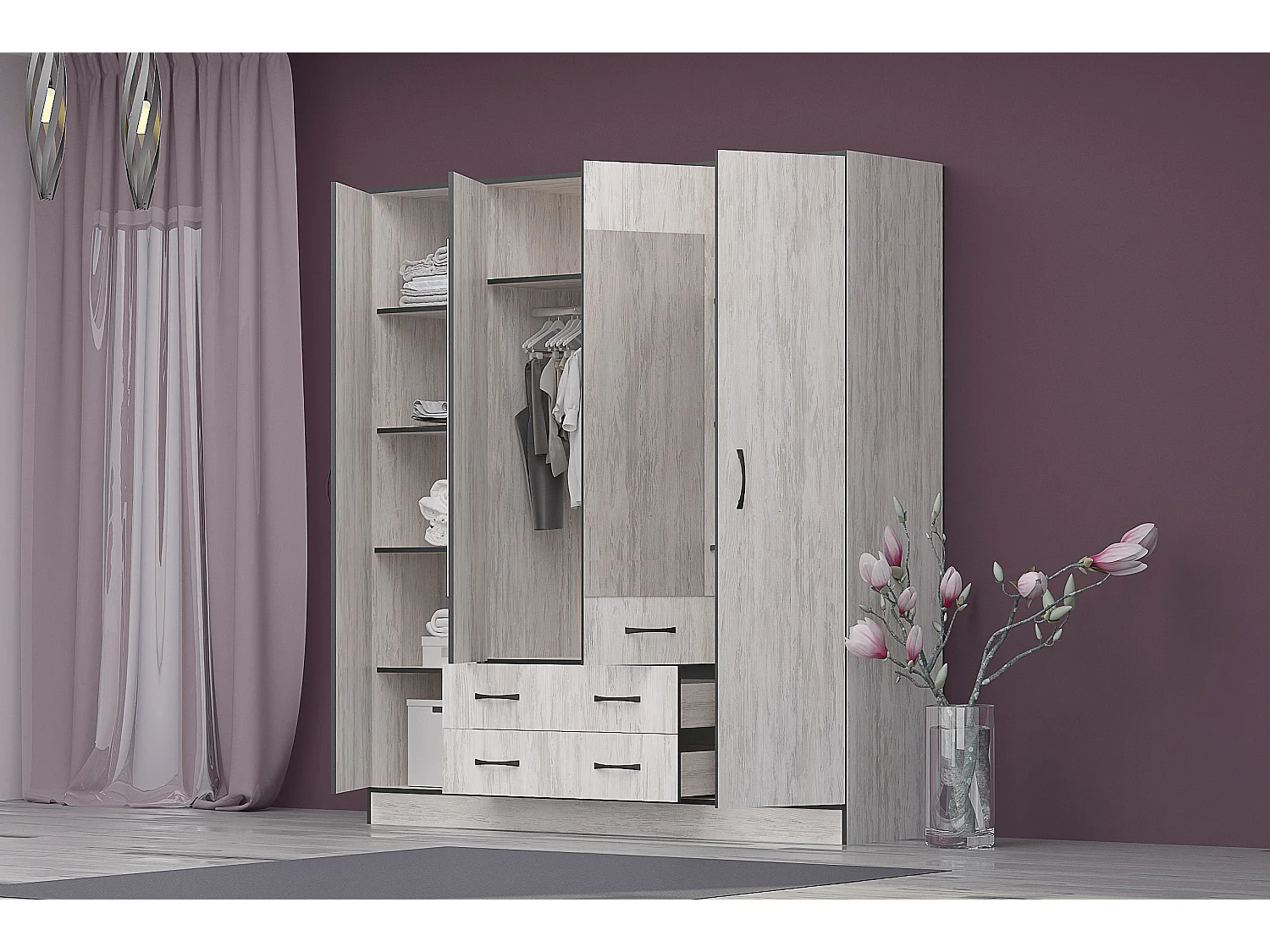 Armadio moderno con specchio e 2 cassetti 180x200 cm bianco effetto legno AG53