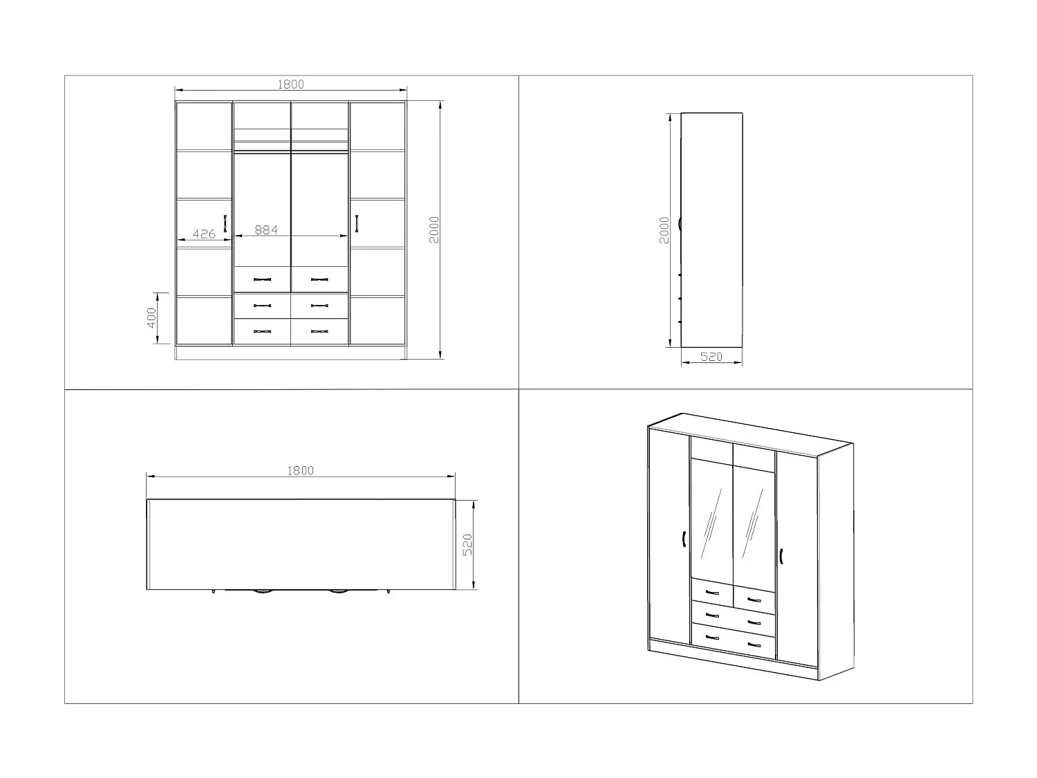 Armadio moderno con specchio e 2 cassetti 180x200 cm bianco effetto legno AG53