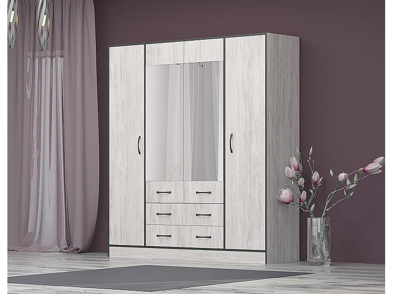 Armadio moderno con specchio e 2 cassetti 180x200 cm bianco effetto legno AG53