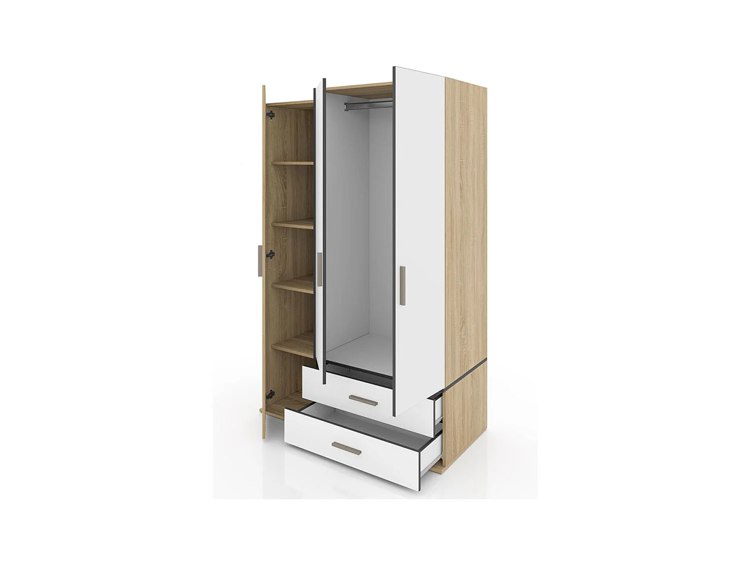 Armadio a tre ante battenti stile moderno per cameretta con cassetti 120x177 rovere chiaro e bianco AI1019