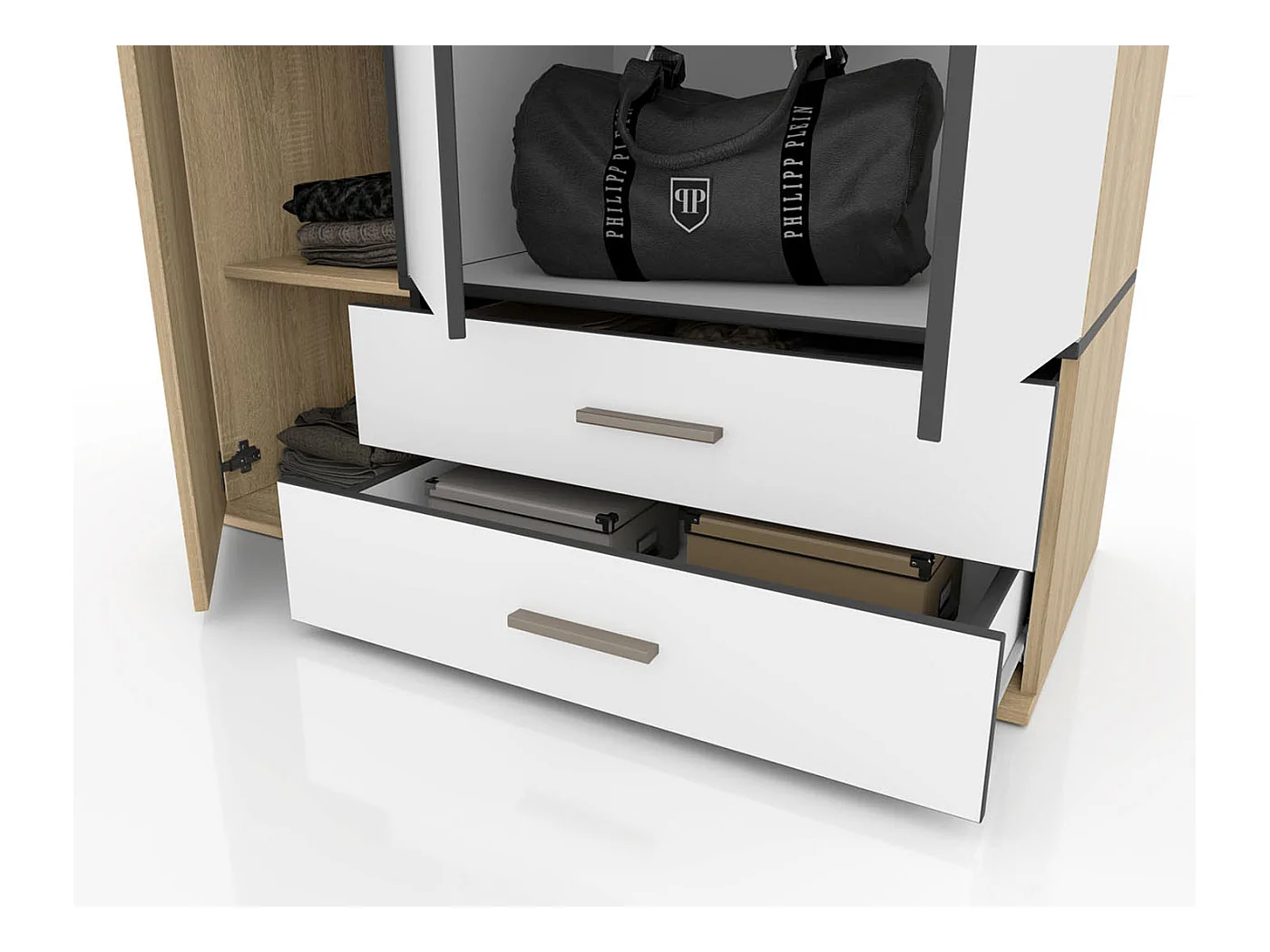 Armadio a tre ante battenti stile moderno per cameretta con cassetti 120x177 rovere chiaro e bianco AI1019