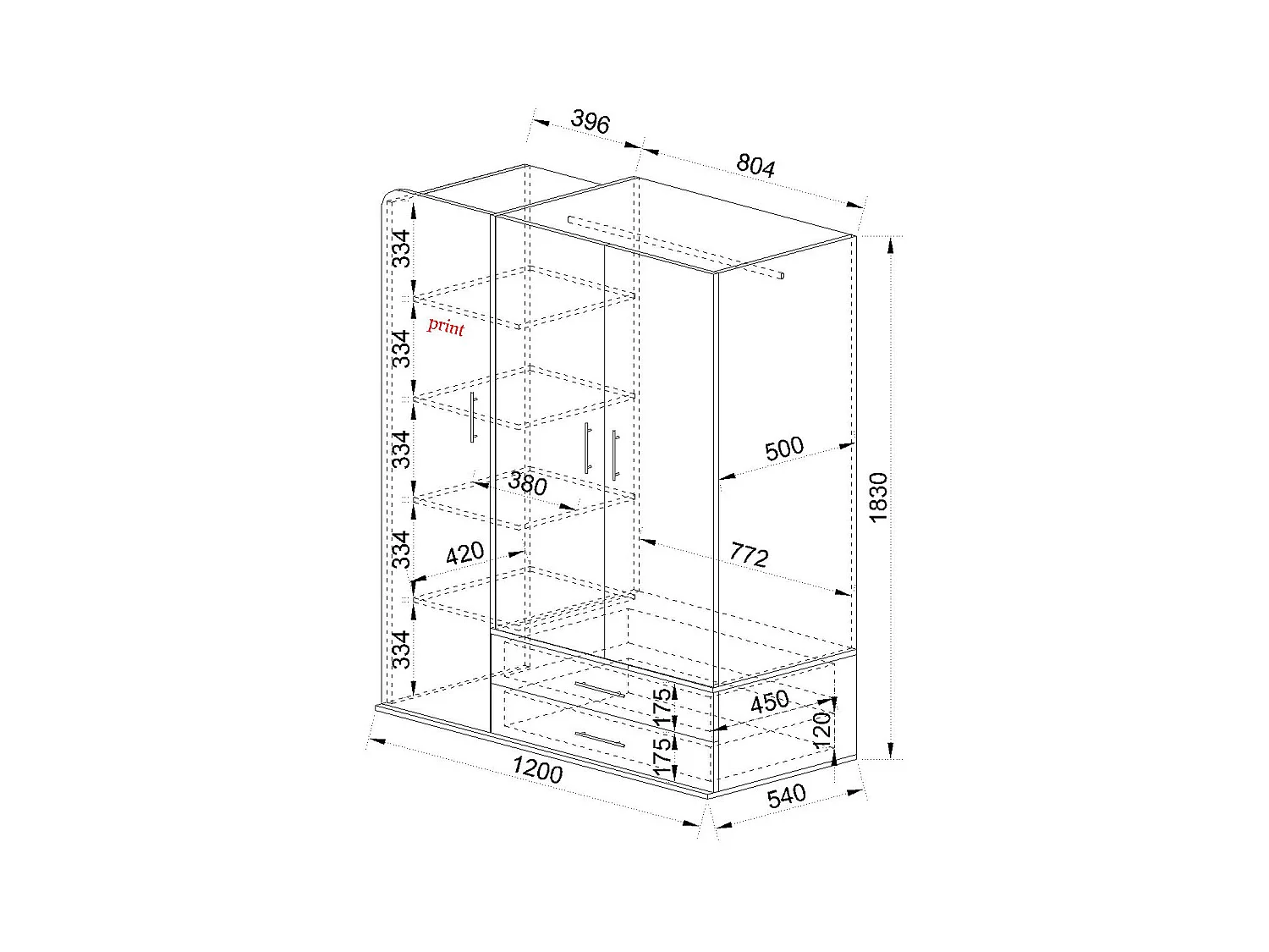 Armadio a tre ante battenti stile moderno per cameretta con cassetti 120x177 rovere chiaro e bianco AI1019