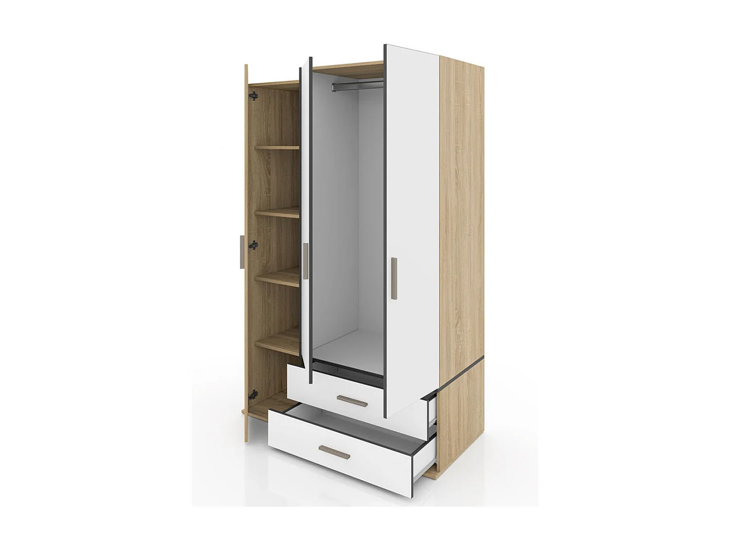 Armadio a tre ante battenti stile moderno per cameretta con cassetti 120x177 rovere chiaro e bianco AI1019