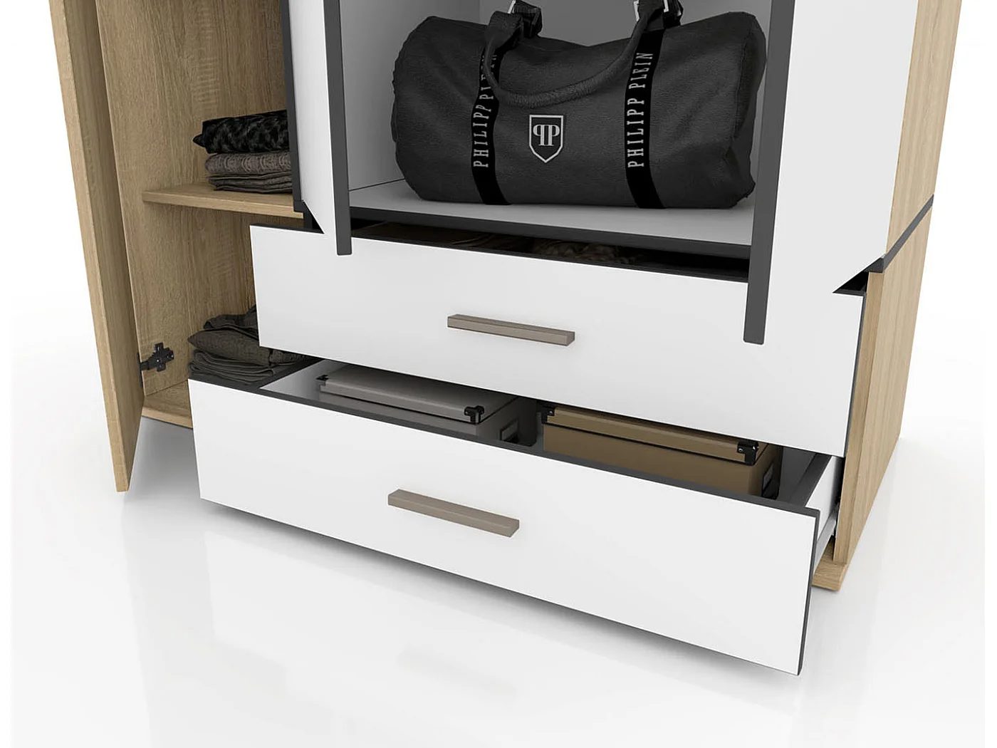 Armadio a tre ante battenti stile moderno per cameretta con cassetti 120x177 rovere chiaro e bianco AI1019