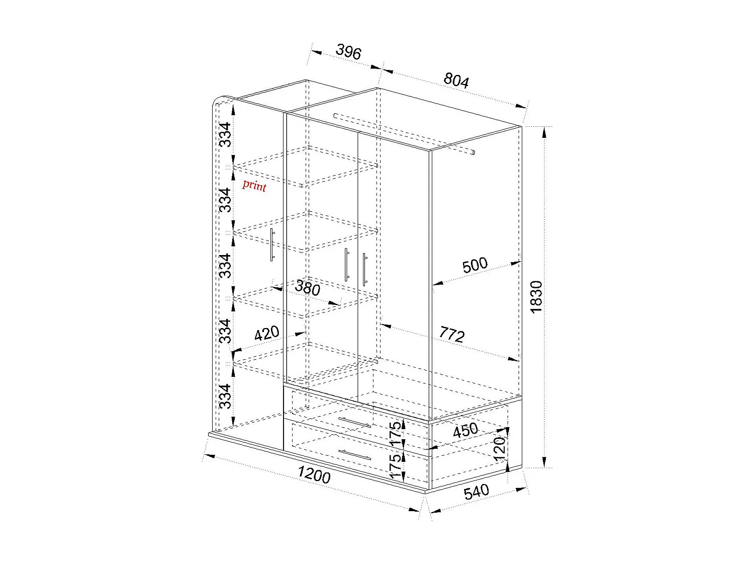 Armadio a tre ante battenti stile moderno per cameretta con cassetti 120x177 rovere chiaro e bianco AI1019