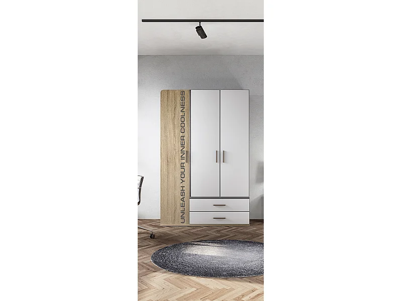 Armadio a tre ante battenti stile moderno per cameretta con cassetti 120x177 rovere chiaro e bianco AI1019